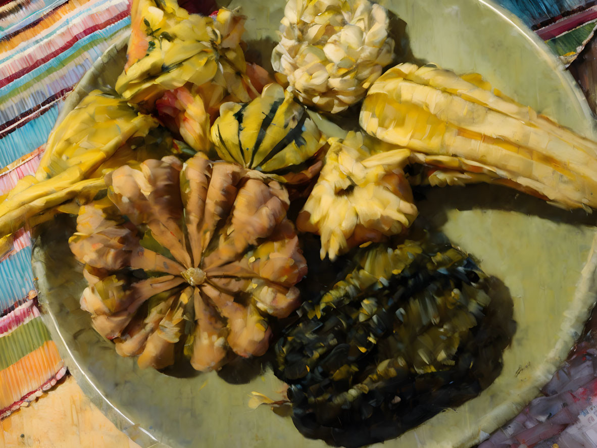 Decorative corn cobs with colorful kernels on plate with husks peeled back