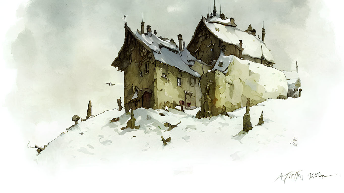 Snowy landscape illustration of a quaint house with watercolor texture