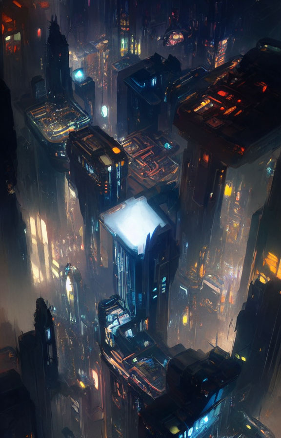 Futuristic cityscape with neon-lit skyscrapers and foggy ambiance