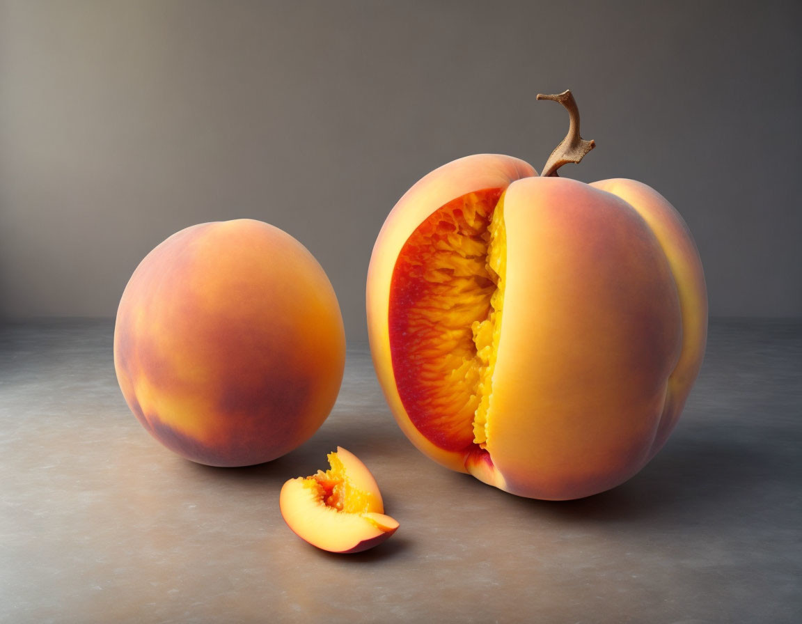 Three peaches on a table - one whole, one cut, and a slice - against a gray