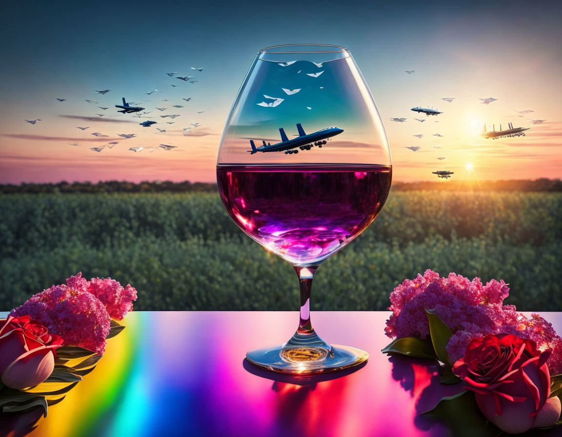 Sunset scene with birds and planes over vineyard on wine glass with refracted colors and pink flowers