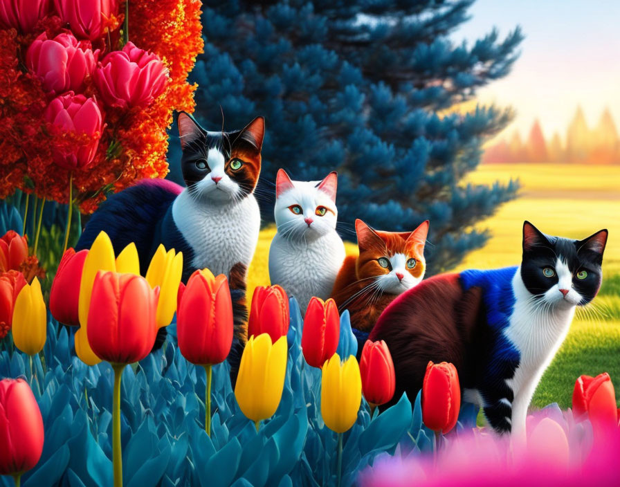 Three cats surrounded by vibrant tulips in a lush garden at sunset