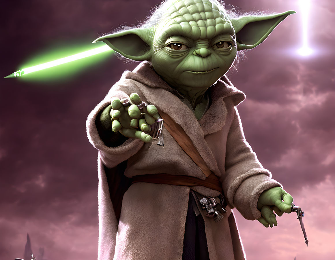 Digital illustration: Yoda from Star Wars with lightsaber in hand, under purple sky