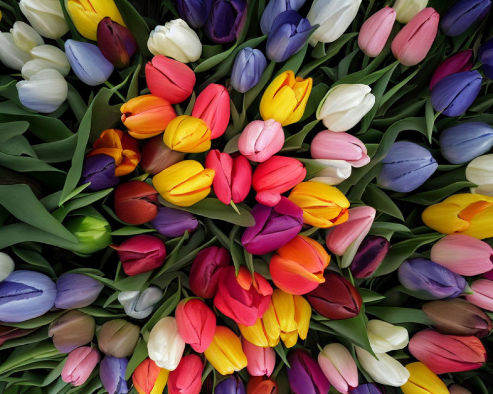 Multicolored tulips with fresh green leaves in dense floral pattern