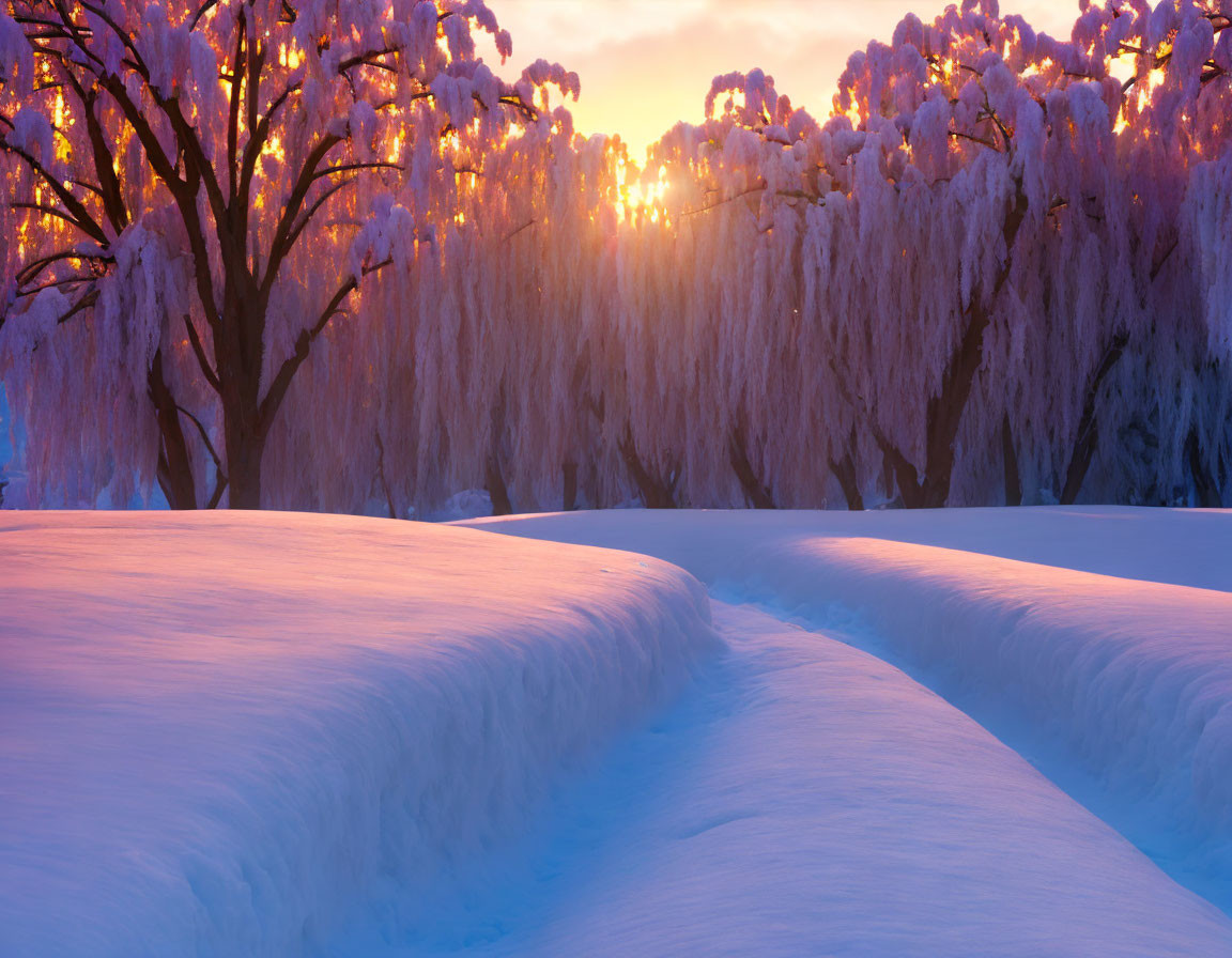 Winter sunset illuminating snow-covered landscape with frosted trees