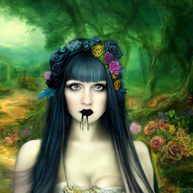 Woman with floral crown and black lipstick in mystical forest with colorful roses.