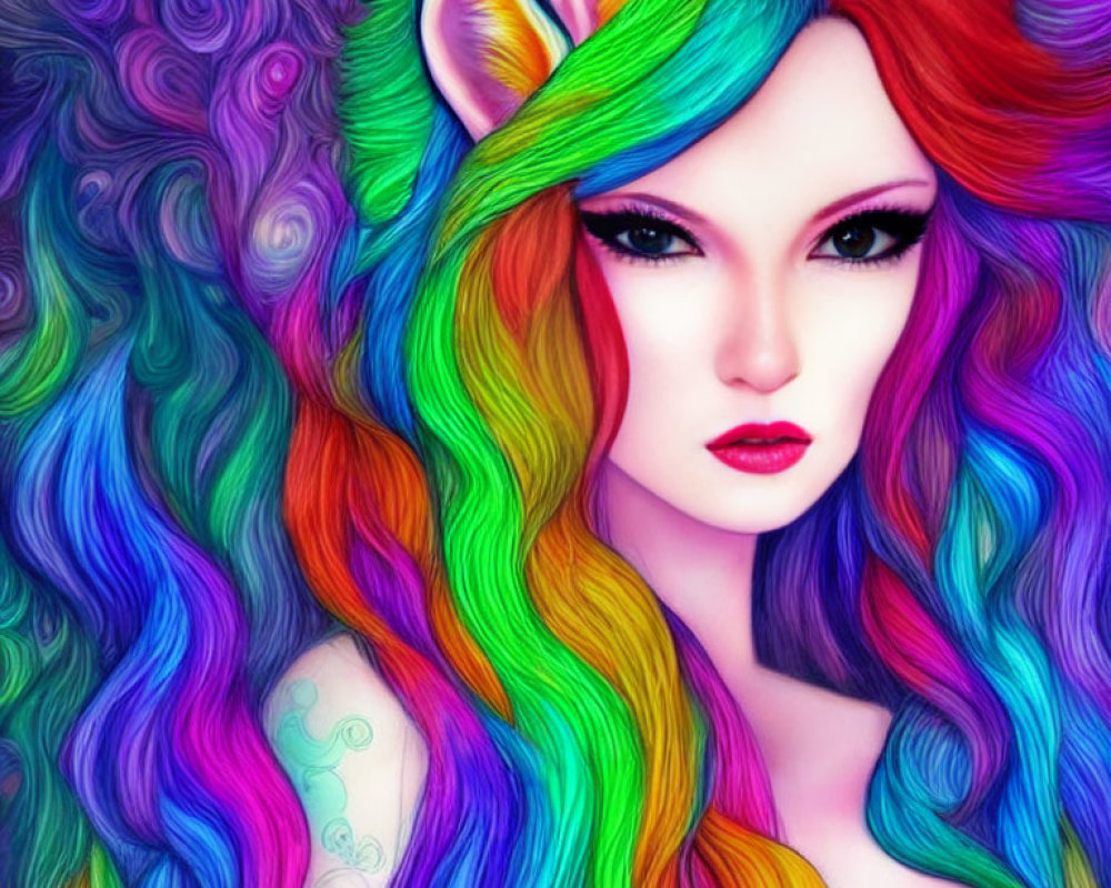 Vibrant Digital Portrait of Woman with Rainbow Hair and Cat Ears