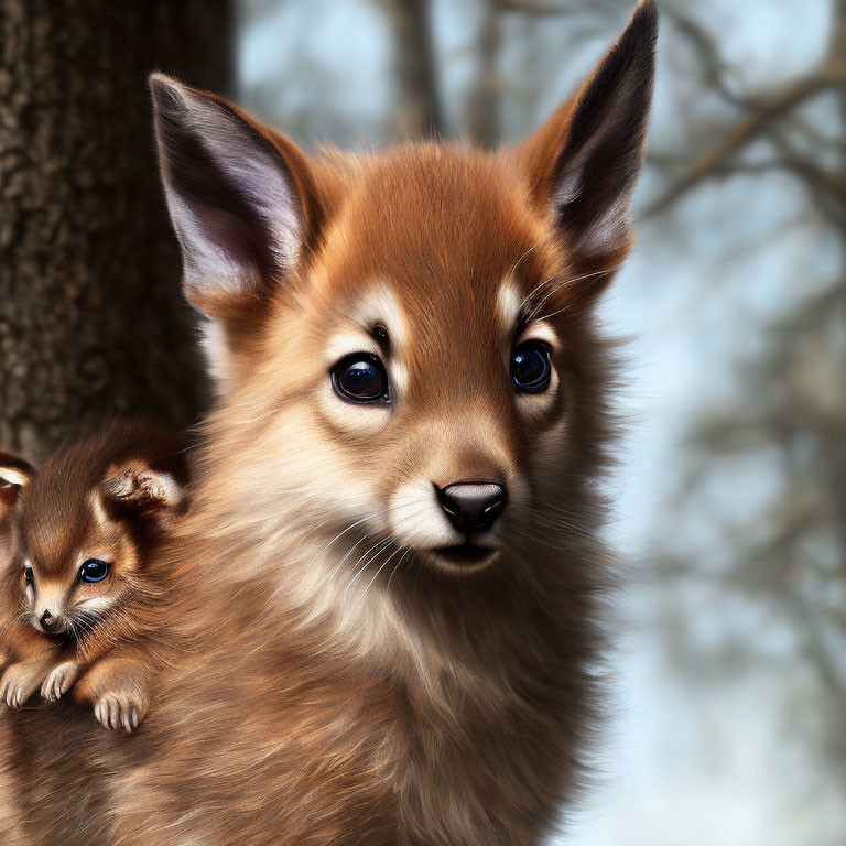 Adult dog with large ears and small pup resting on its back against tree and sky.