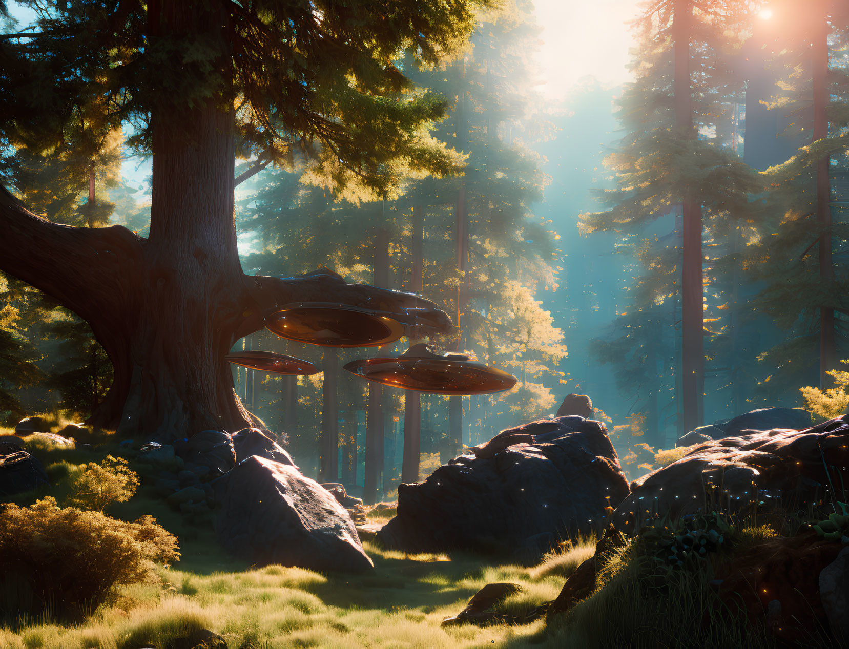 Sunlight filtering through dense forest with hovering UFOs.