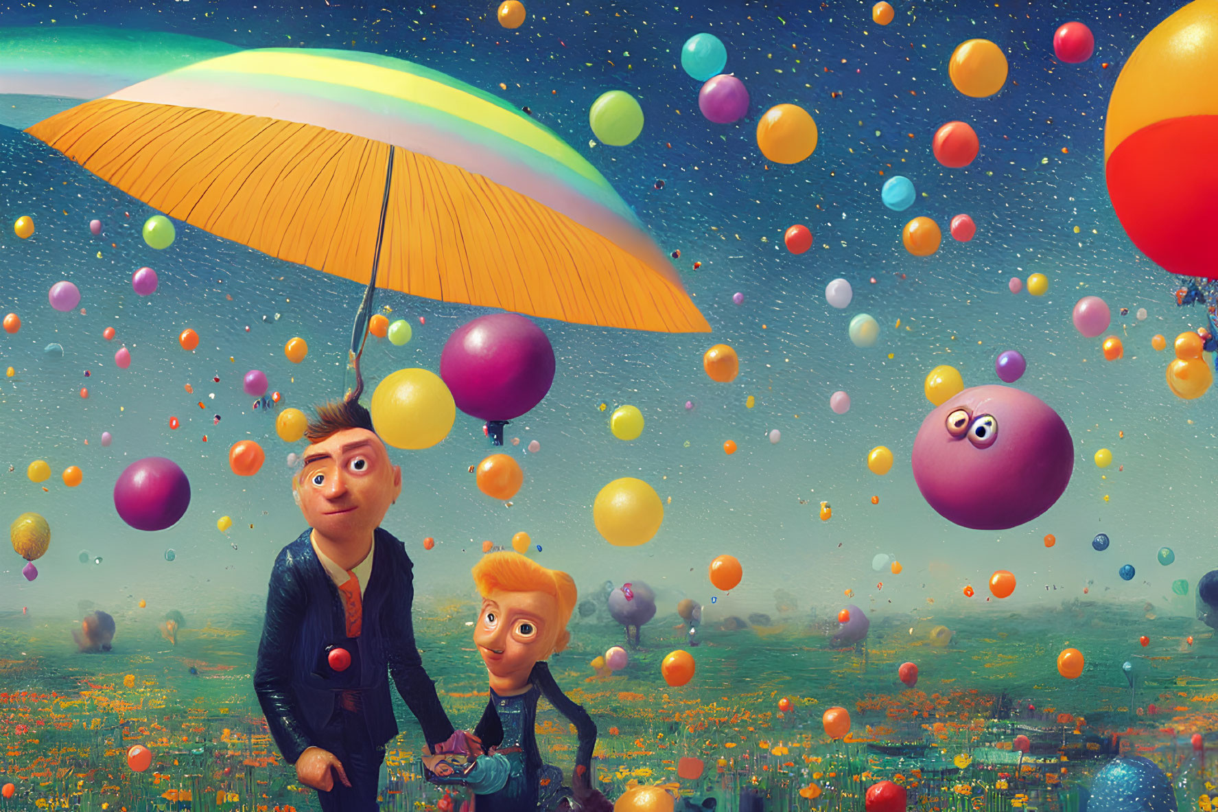 Colorful Illustration: Two Characters Under Rainbow Umbrella