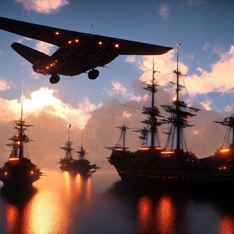 Aerial view of illuminated tall ships on tranquil sea at dusk