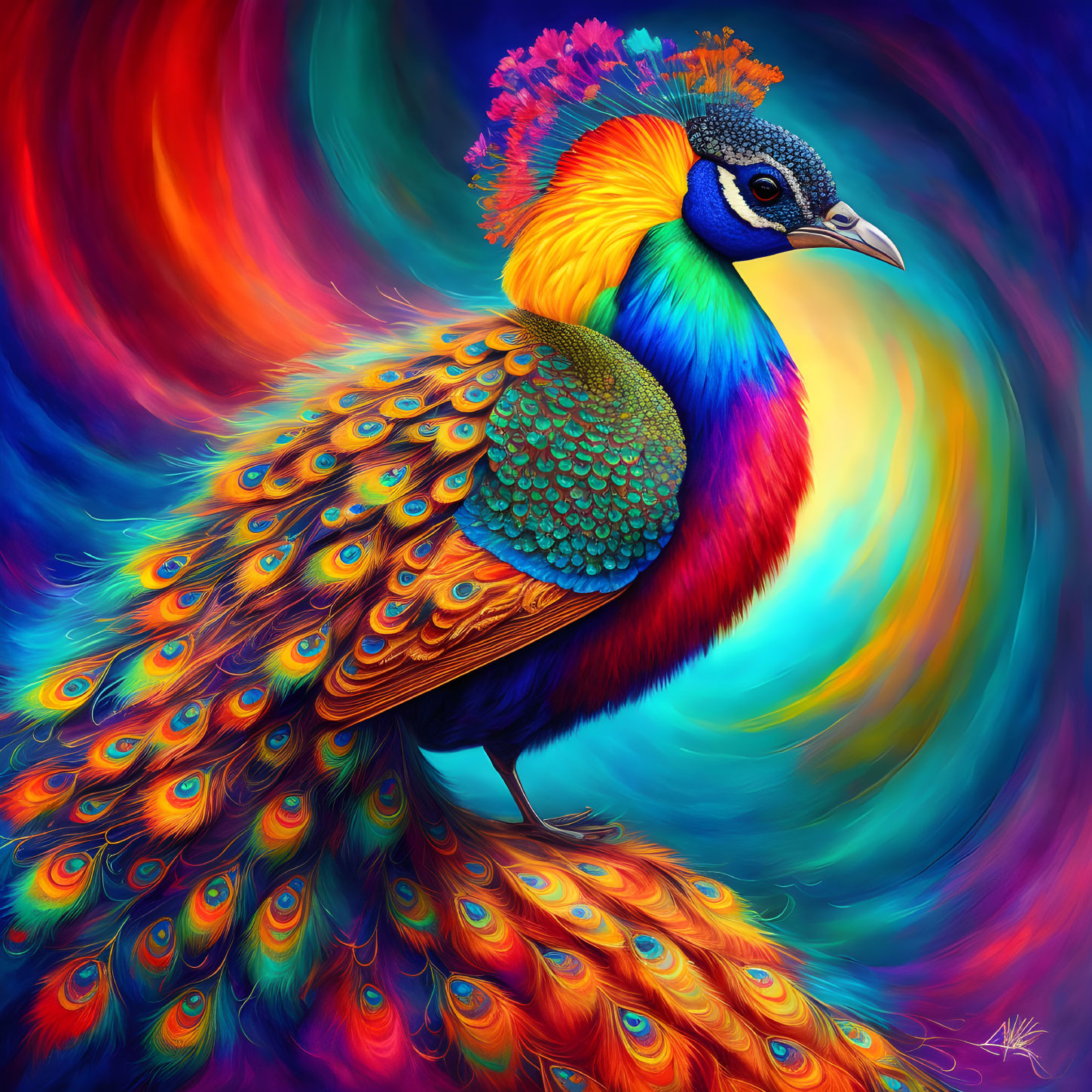 Colorful Peacock Digital Artwork with Iridescent Feathers