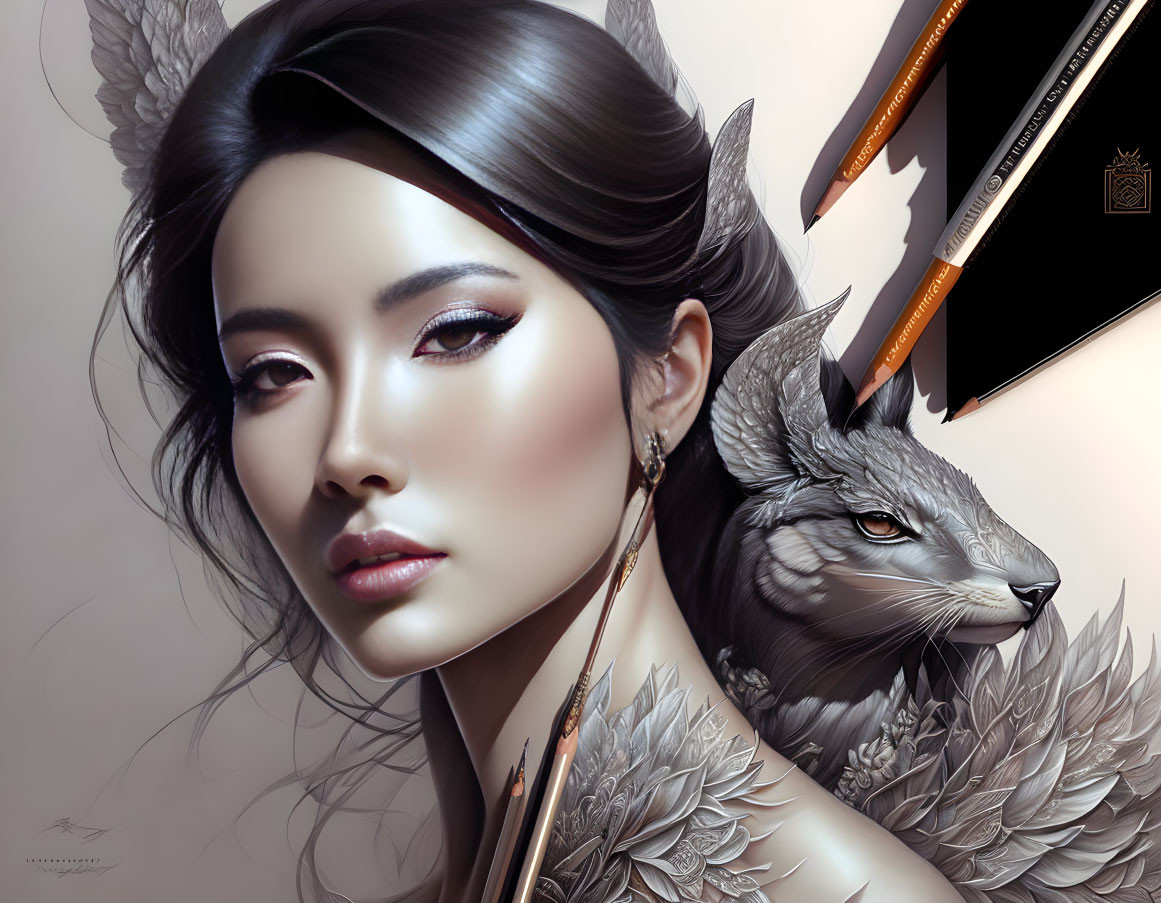 Digital art: Woman with elegant makeup beside majestic wolf