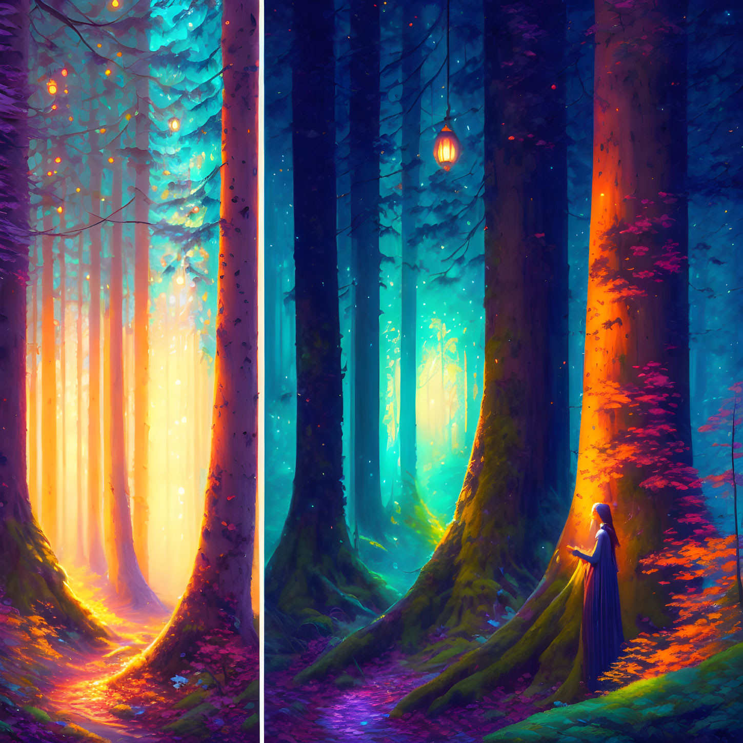 Digital artwork: Two forest scenes with warm sunset and cool twilight lighting, each with a solitary figure