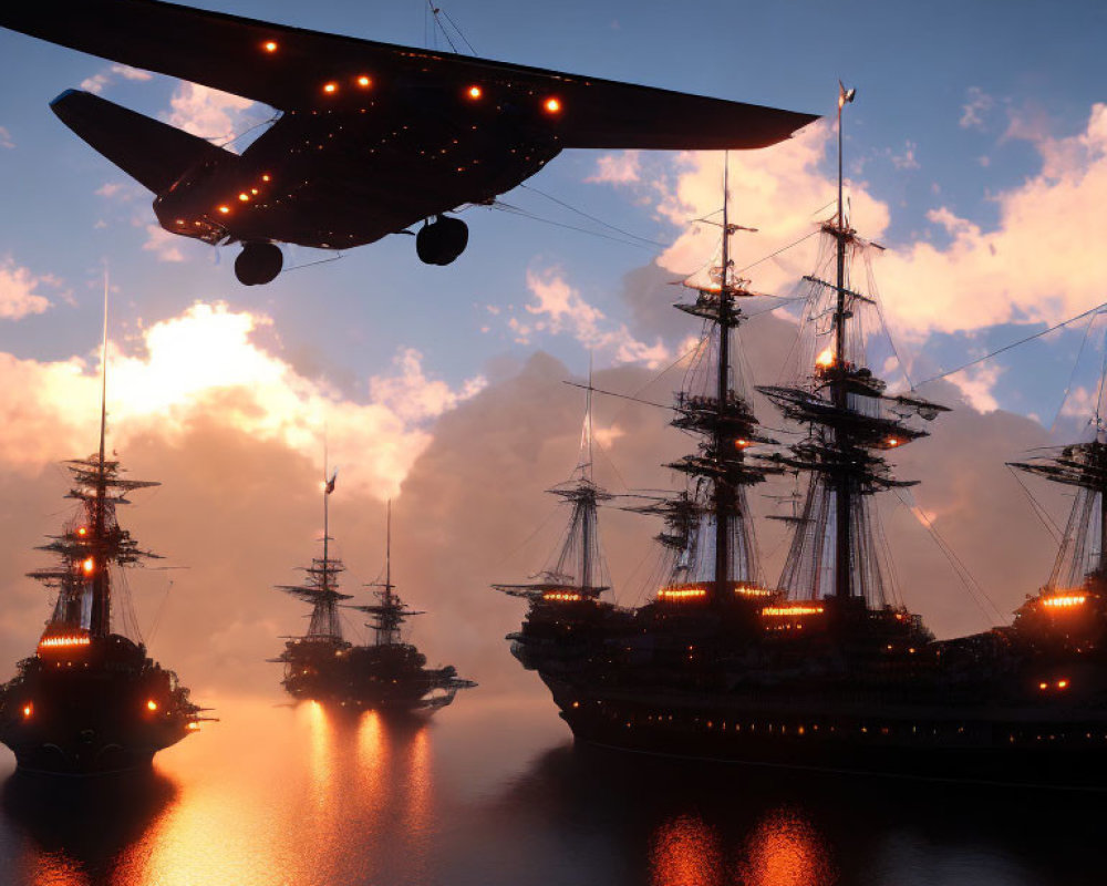 Aerial view of illuminated tall ships on tranquil sea at dusk