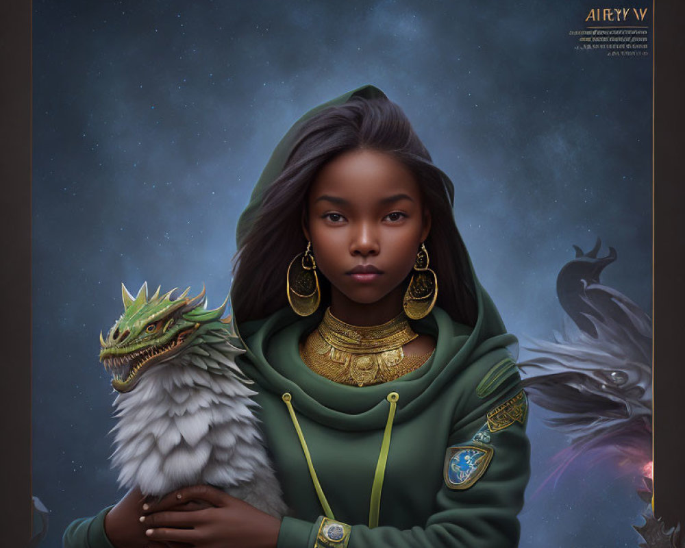 Digital artwork: Serious young woman in green cloak with dragon and mystical swirls