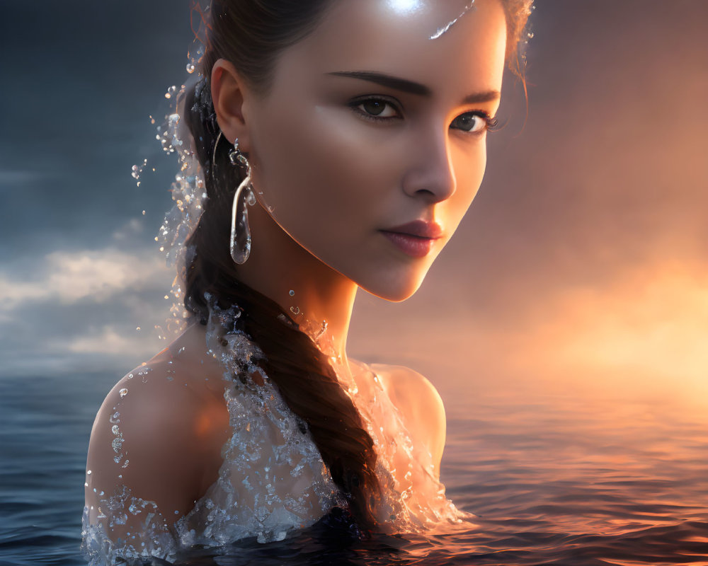 Detailed photorealistic digital portrait of woman in water at sunset