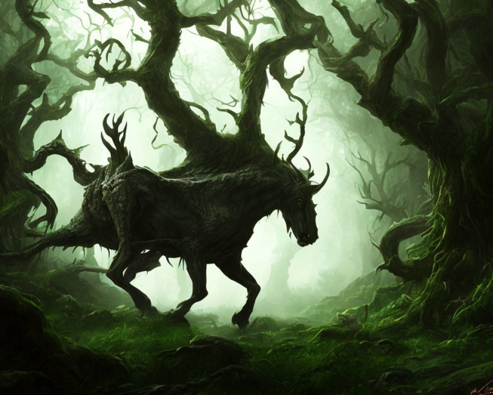 Majestic stag-like creature in misty, eerie forest