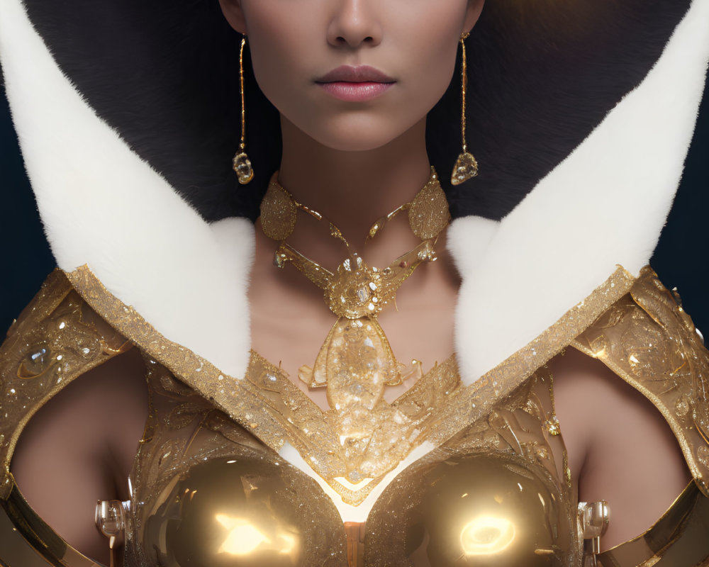 Brown-eyed woman in golden armor with white fur collar and gold jewelry