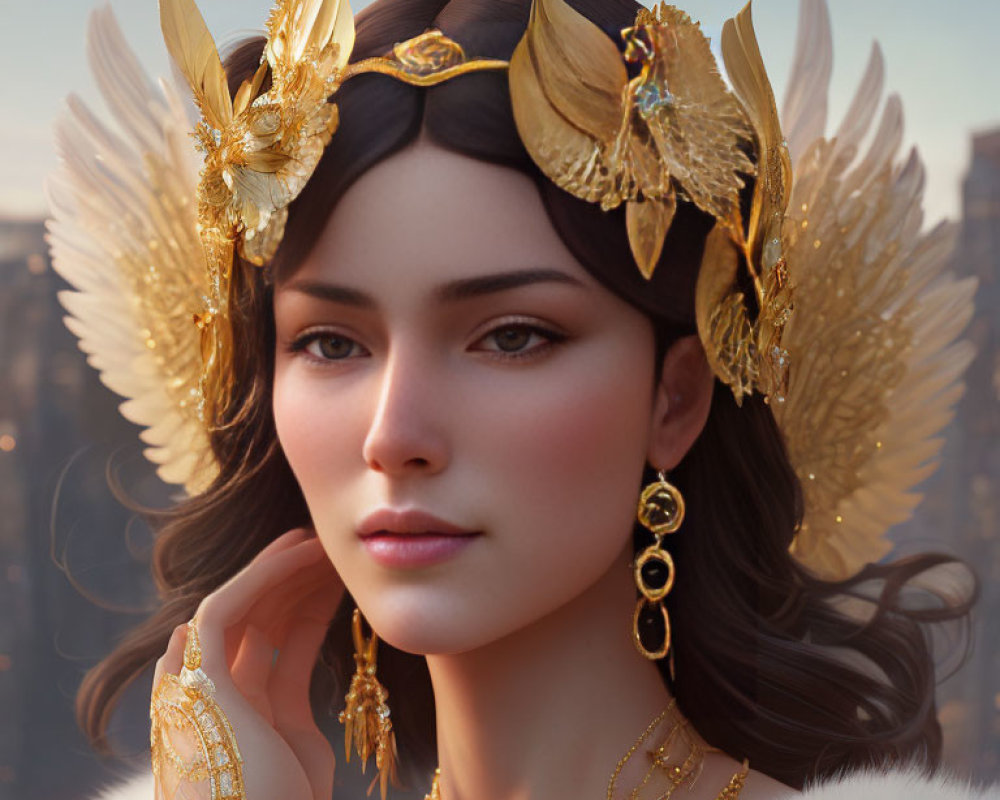 Intricate golden headpiece and feather motifs on woman in digital artwork