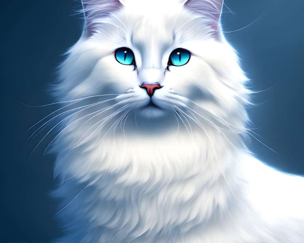 White Fluffy Cat with Blue Eyes and Long Whiskers on Dark Background