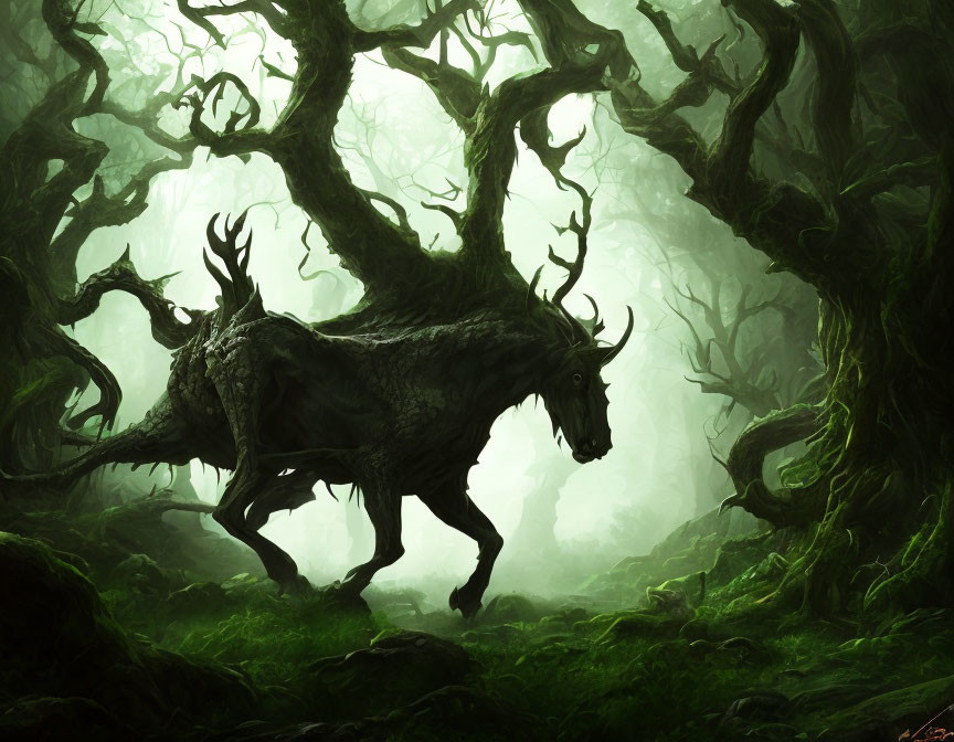 Majestic stag-like creature in misty, eerie forest