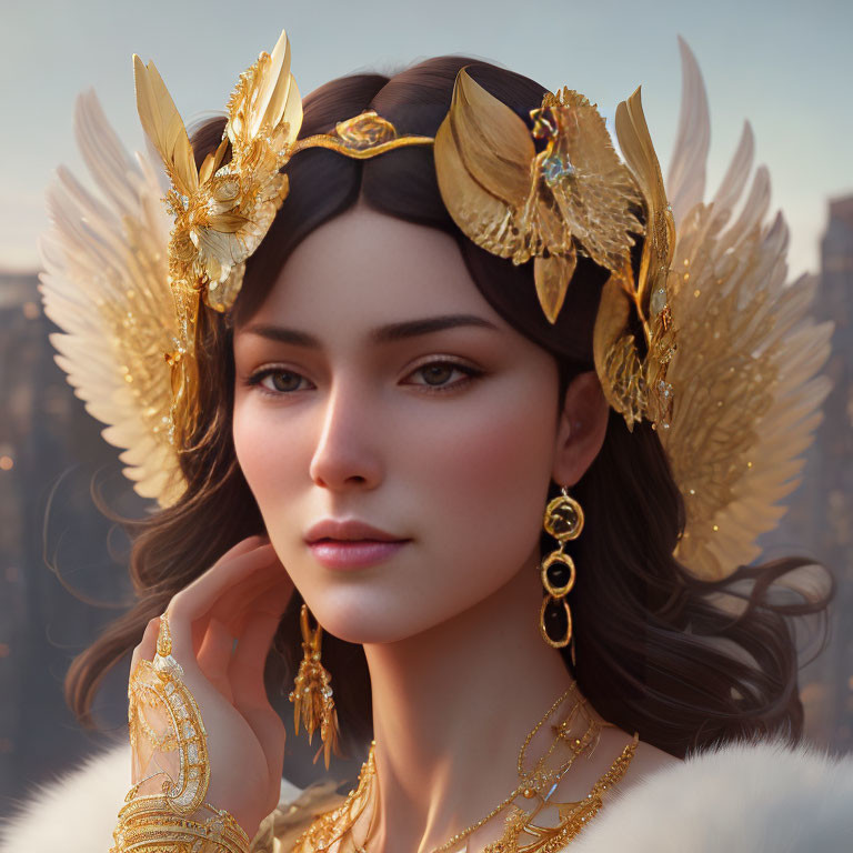 Intricate golden headpiece and feather motifs on woman in digital artwork