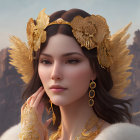 Intricate golden headpiece and feather motifs on woman in digital artwork