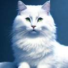 White Fluffy Cat with Blue Eyes and Long Whiskers on Dark Background