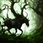 Majestic stag-like creature in misty, eerie forest