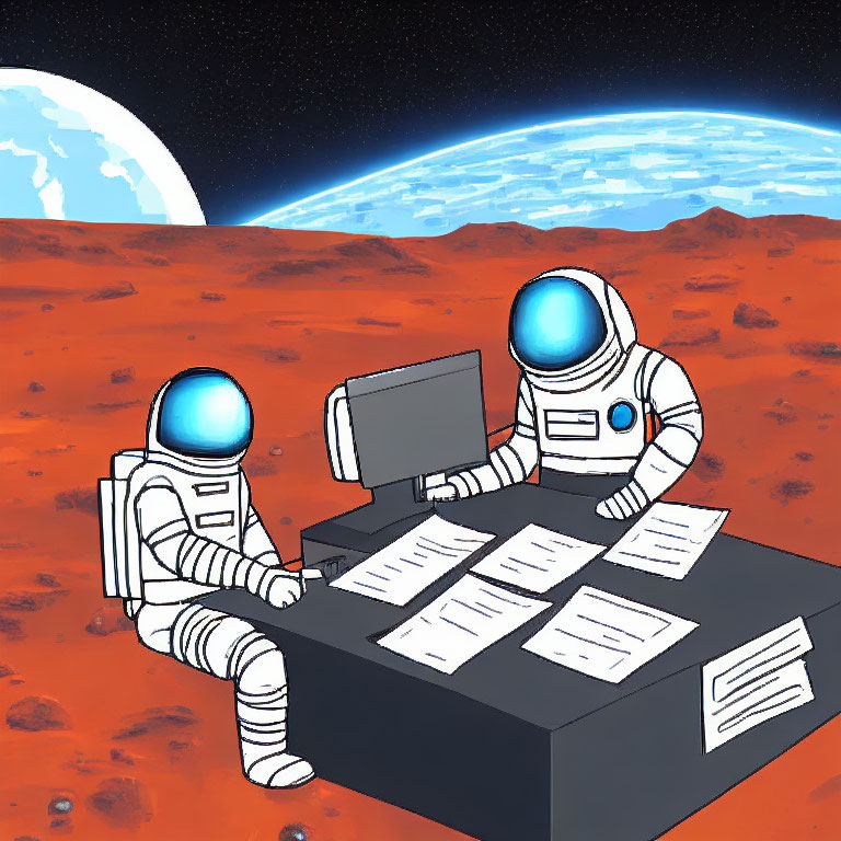 Astronauts doing paperwork on Mars with Earth backdrop