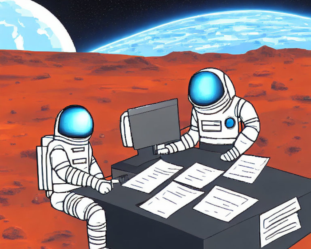 Astronauts doing paperwork on Mars with Earth backdrop
