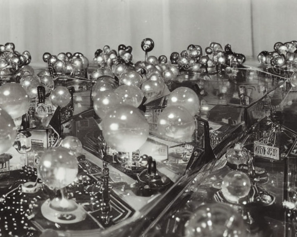 Monochrome photo of glass paperweights on reflective surface