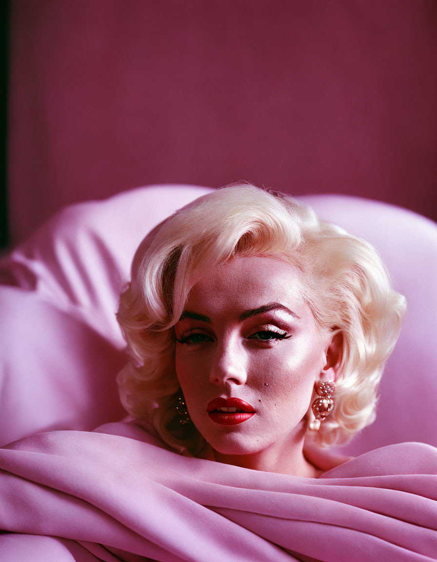 Blonde person in bold makeup with pink shawl on vintage pink backdrop