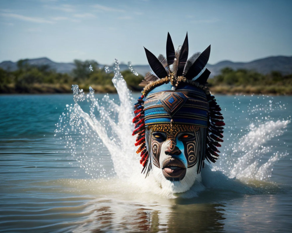 Elaborate tribal mask and headdress emerging from water