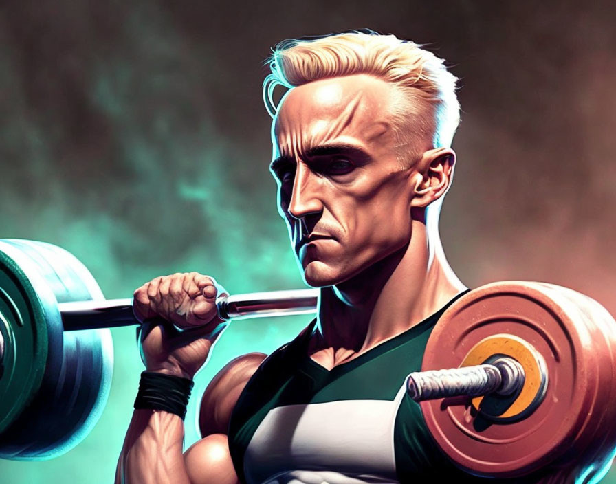 Muscular person lifting heavy barbell with colored weight plates