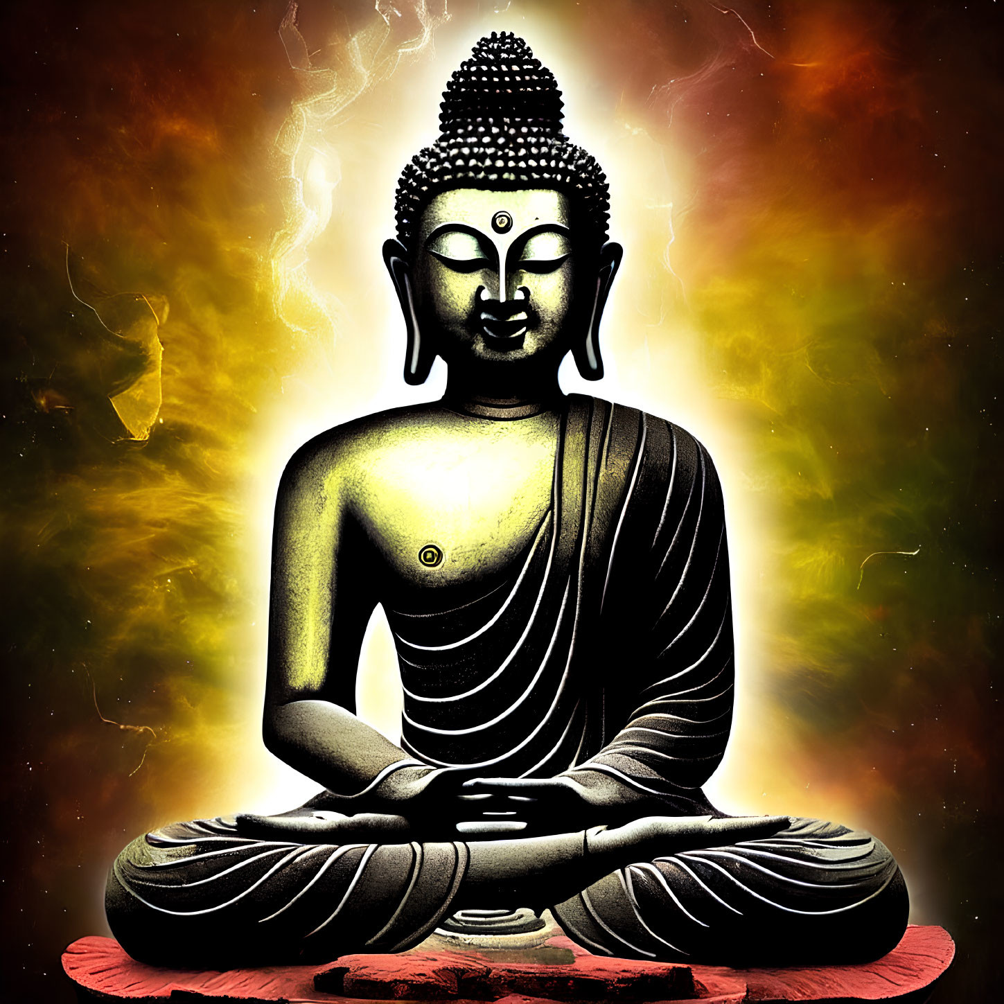 Black Buddha statue in meditation with golden accents on fiery background