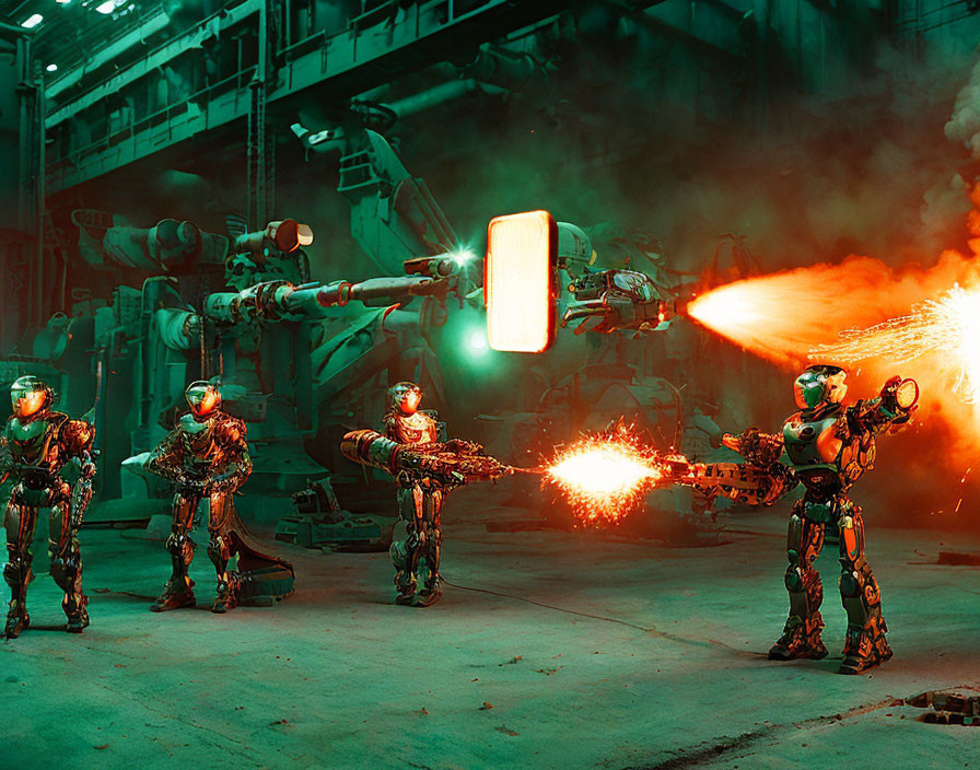 Futuristic combat scene: soldiers in exoskeleton armor battling large robots in industrial setting