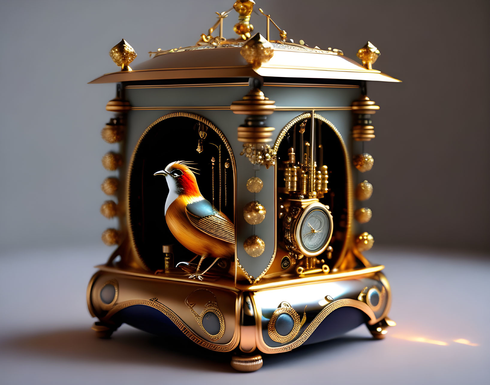 Gold and Black Ornate Birdcage with Colorful Bird, Clock, and Intricate Designs