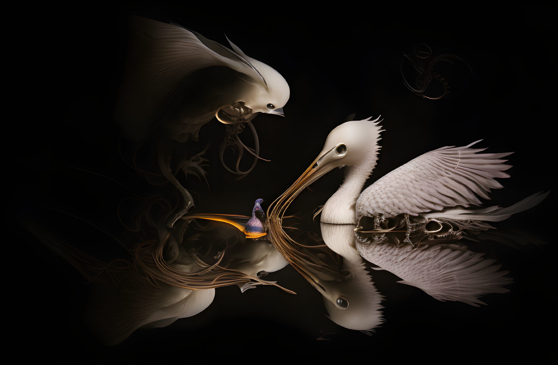 Surreal image: Large white birds with elaborate plumage facing mirror reflection