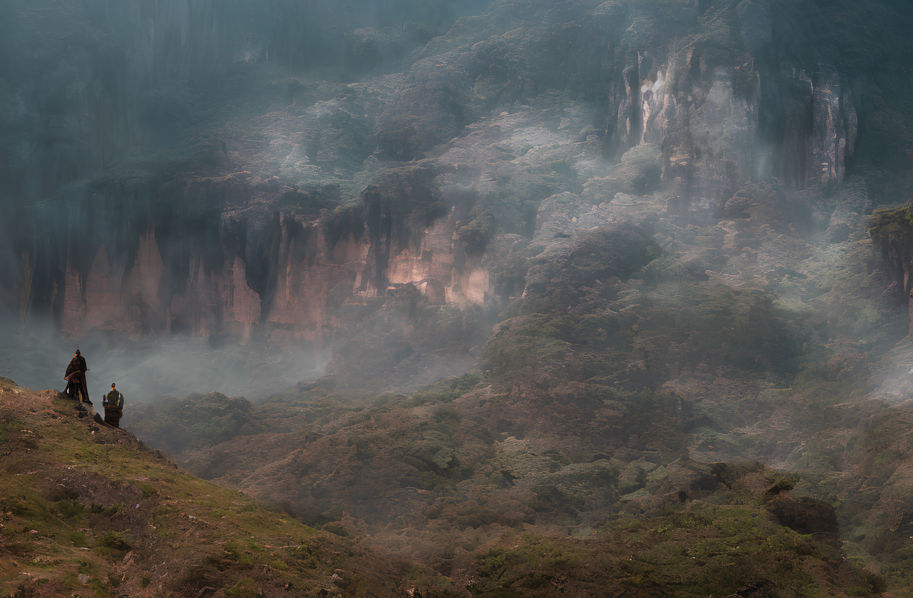 Two People Standing on Verdant Hillside with Misty Cliff Backdrop