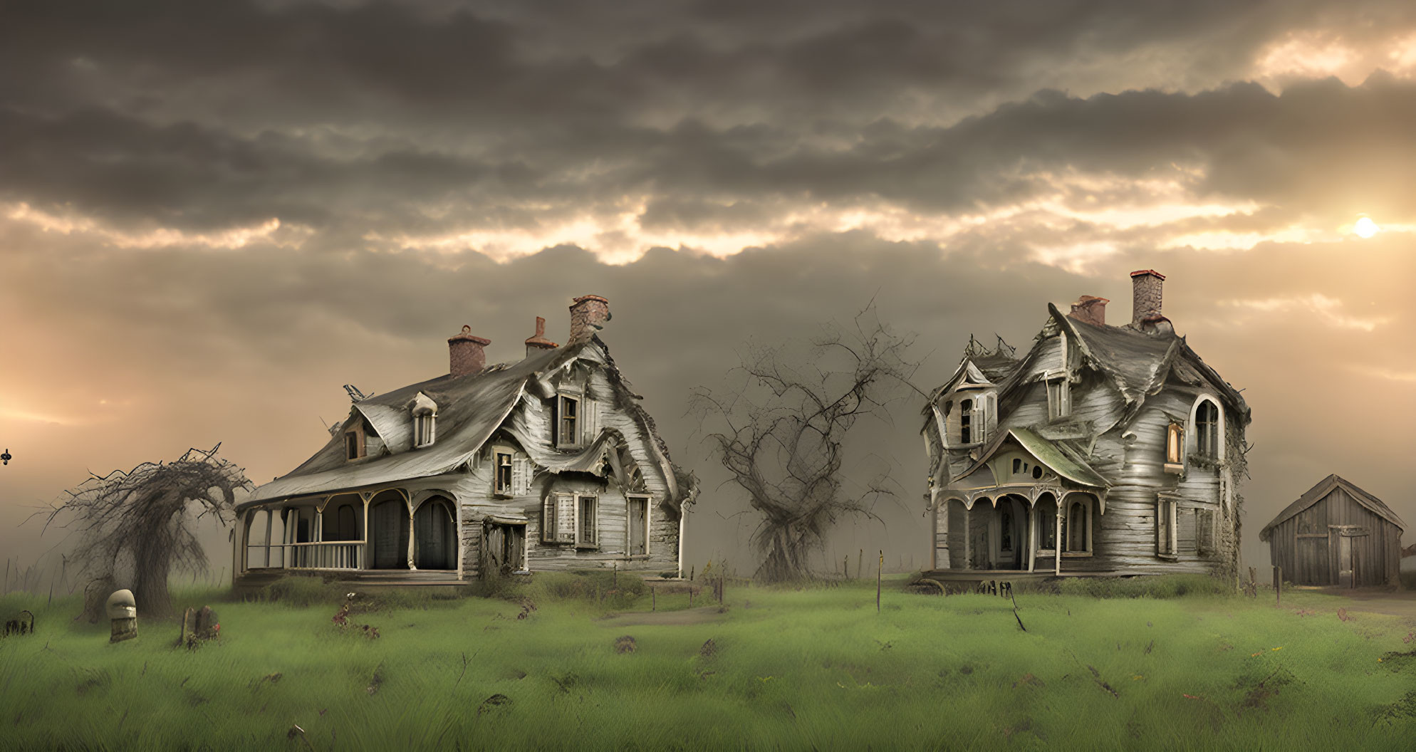 Dilapidated Victorian Houses Under Brooding Twilight Sky