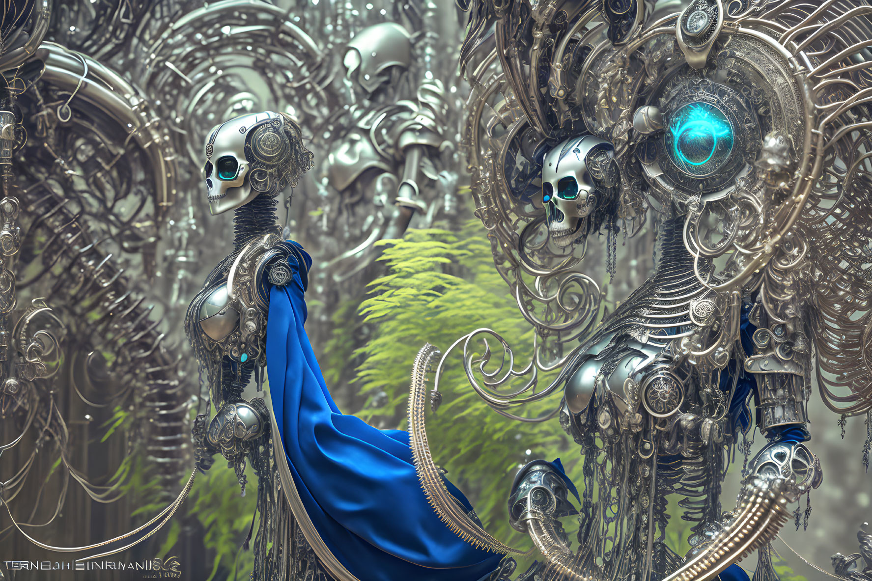 Intricate 3D-rendered robotic figures with blue cape in mechanical setting