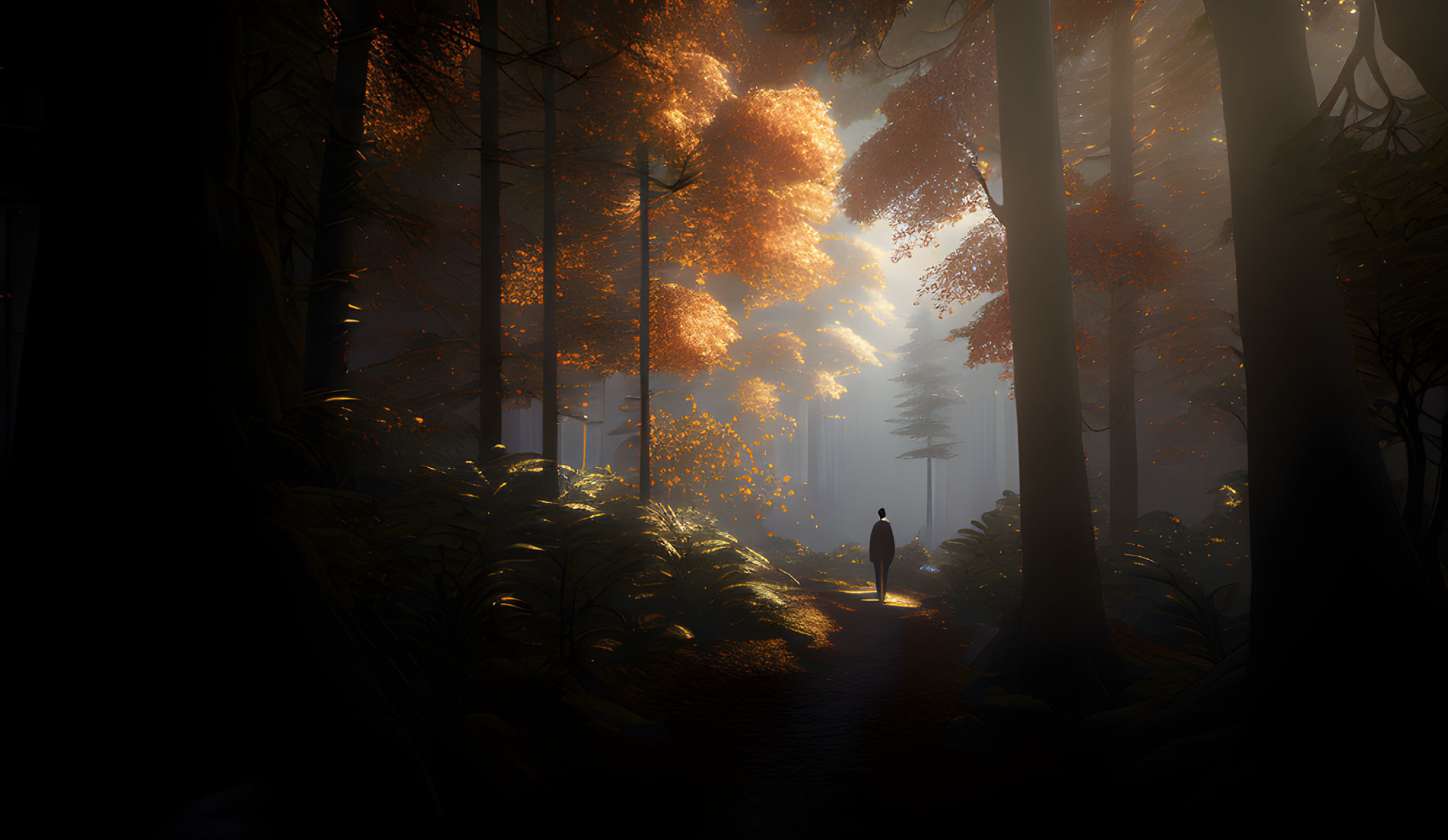 Solitary figure in misty forest with sunlight and autumn leaves