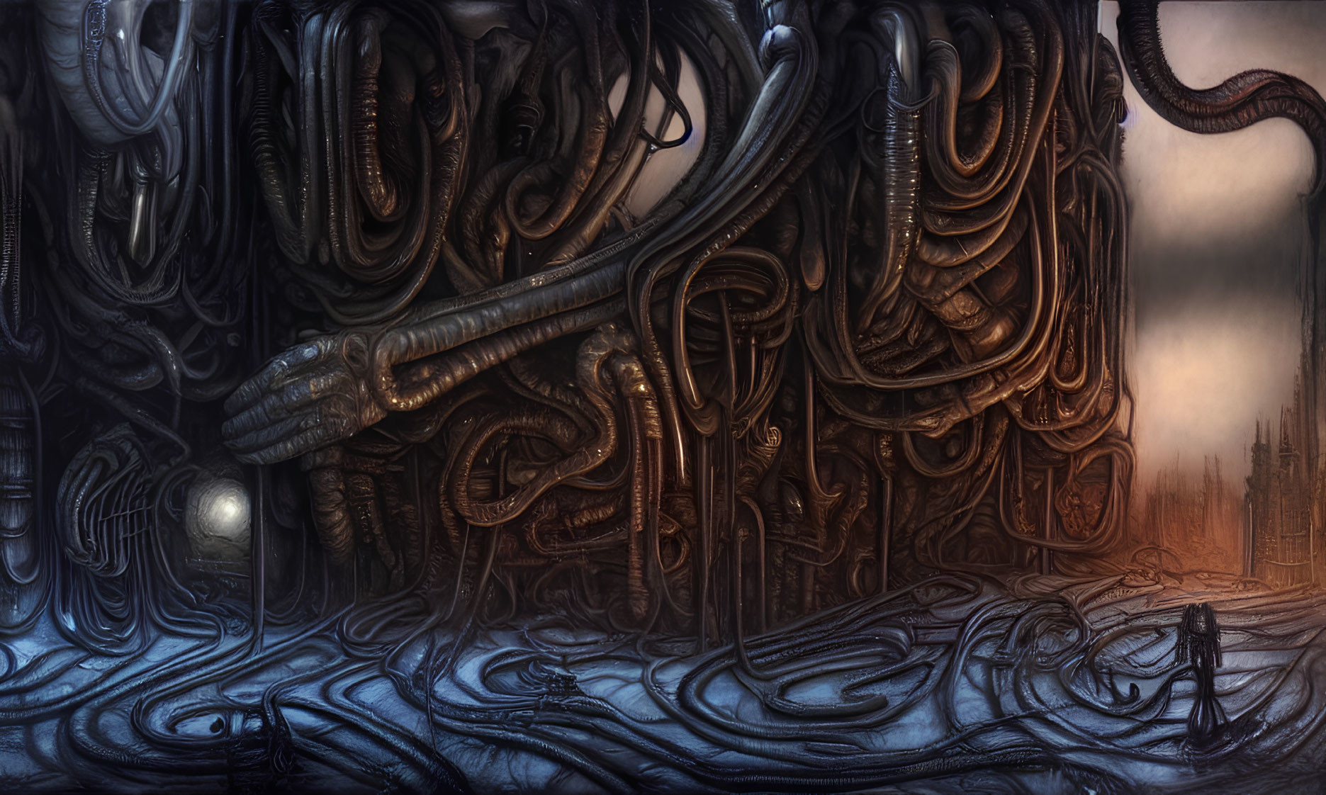 Intricate dark sci-fi scene with biomechanical tubes and tentacle-like structures