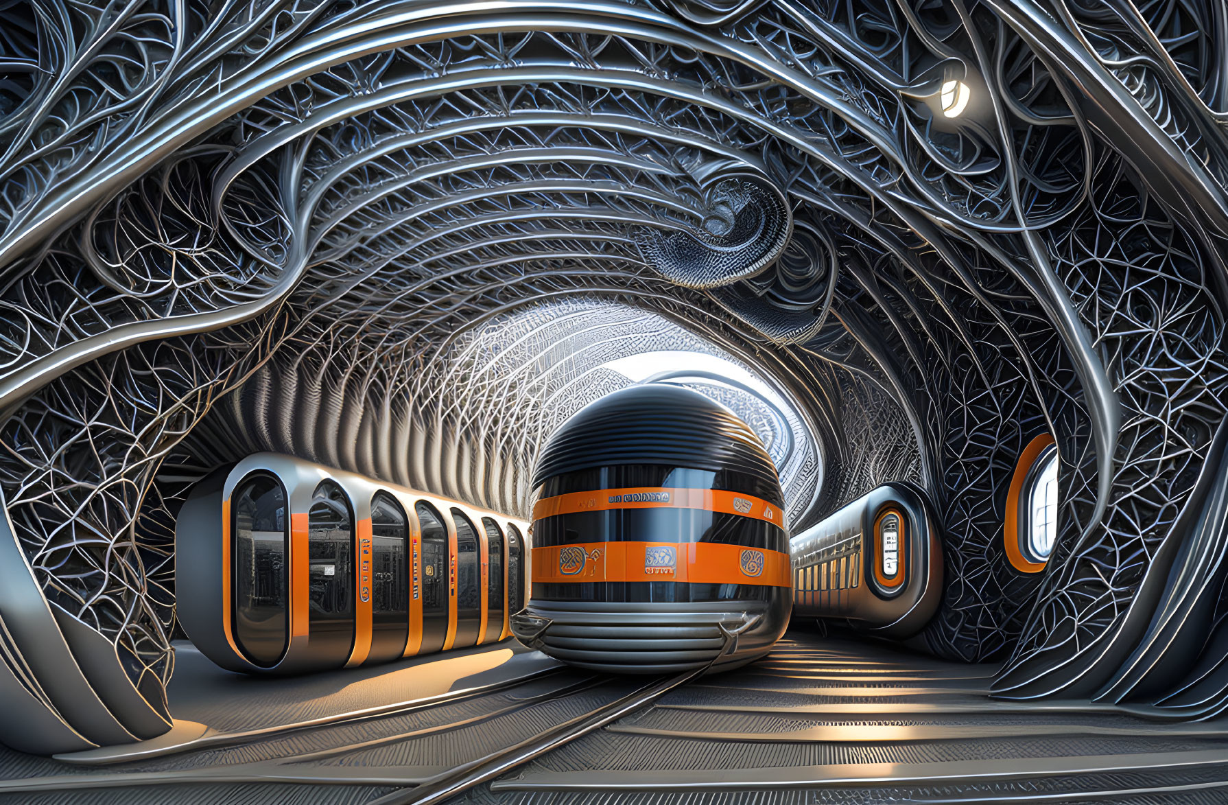 Futuristic train in ornate metallic tunnel with web-like patterns.