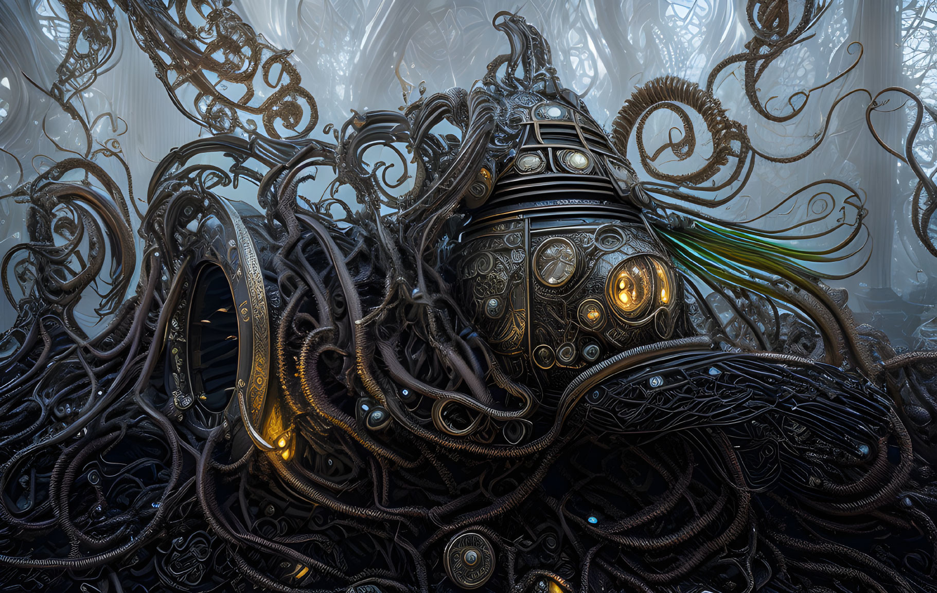 Steampunk-themed mechanical sculpture with cephalopod-like tentacles in misty setting