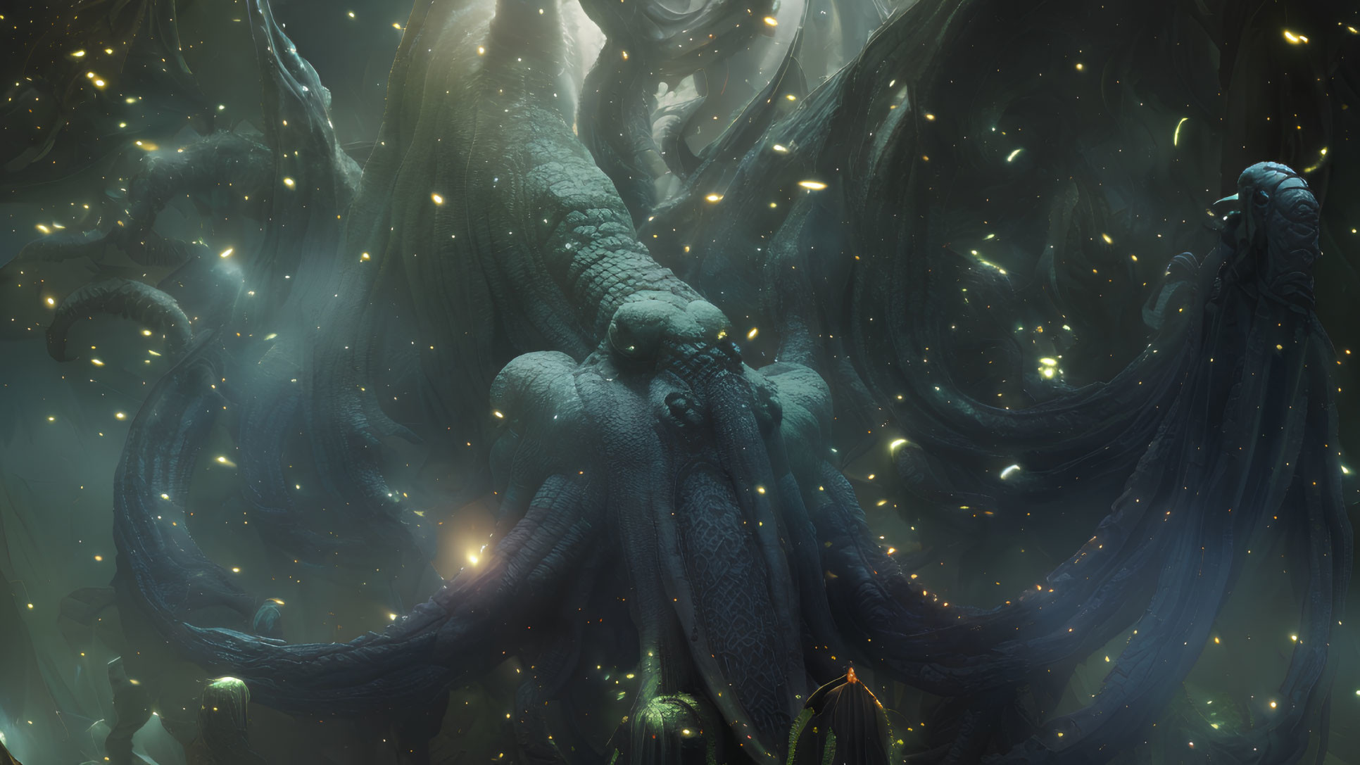 Glowing ethereal octopus in dark underwater scene