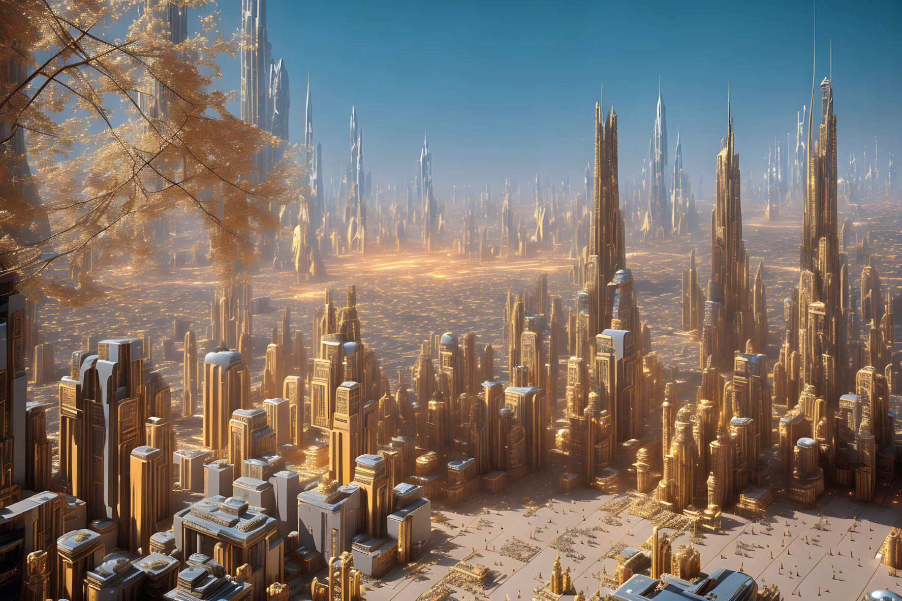 Futuristic cityscape with slender buildings, golden sky, autumn trees.