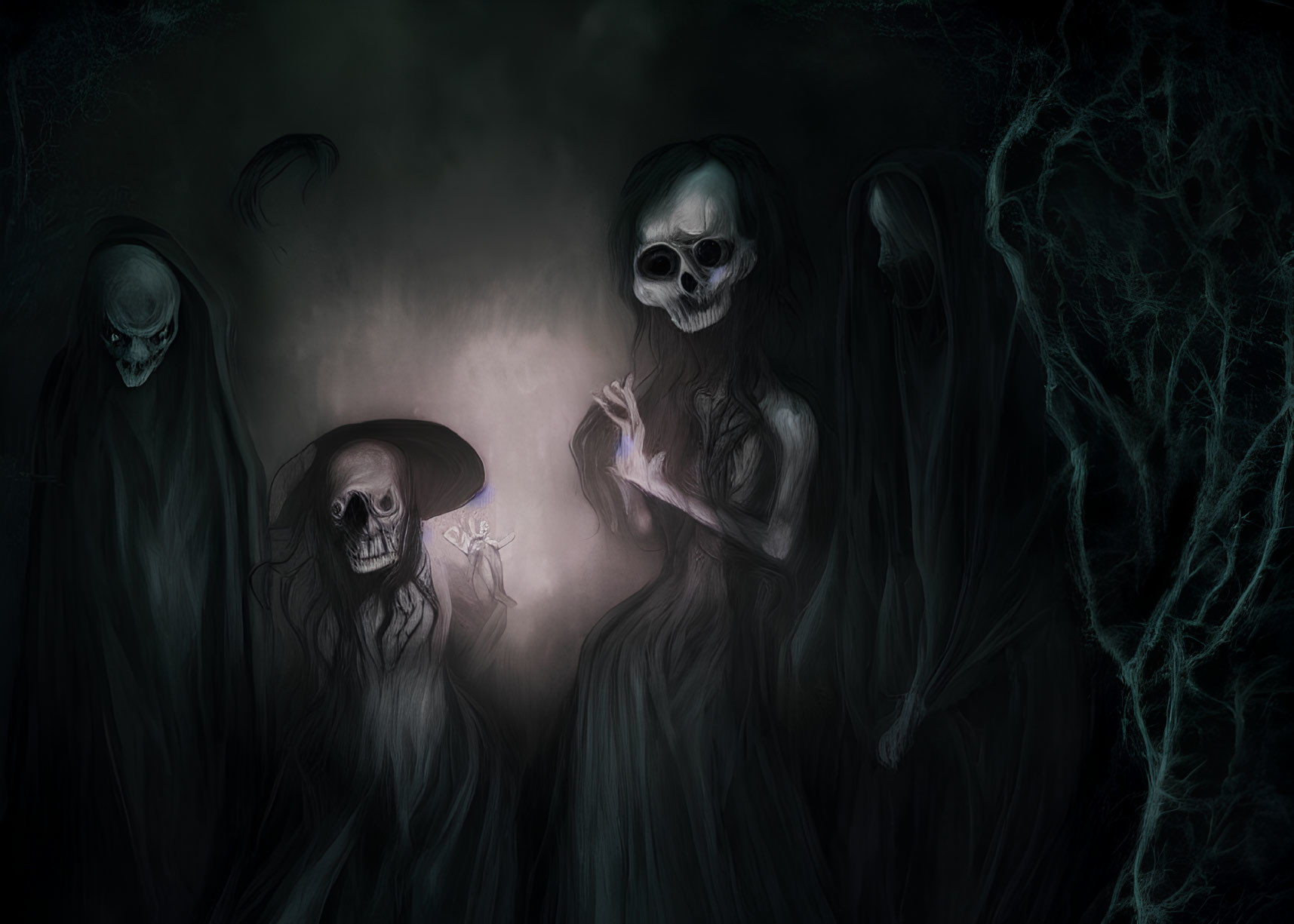 Dark, eerie scene with ghostly figures in robes and skeletal faces in misty backdrop.